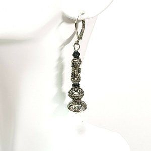 Silver Black Crystal Dangle Earrings Lever Backs